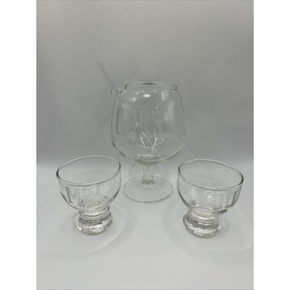 Vintage Hand Blown Etched Monogram Glass Pitcher & 2 Cups Barware Set You,me,Our